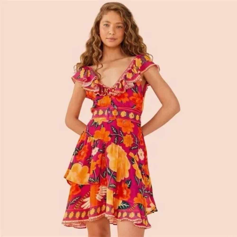 FARM Rio Flowers Tapestry Pink Mini Dress – Size Large | Bold Floral Print